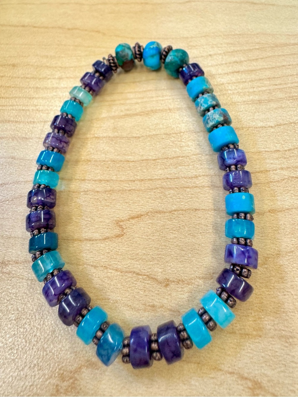 Turquoise and Purple Beaded Stretchy Bracelet